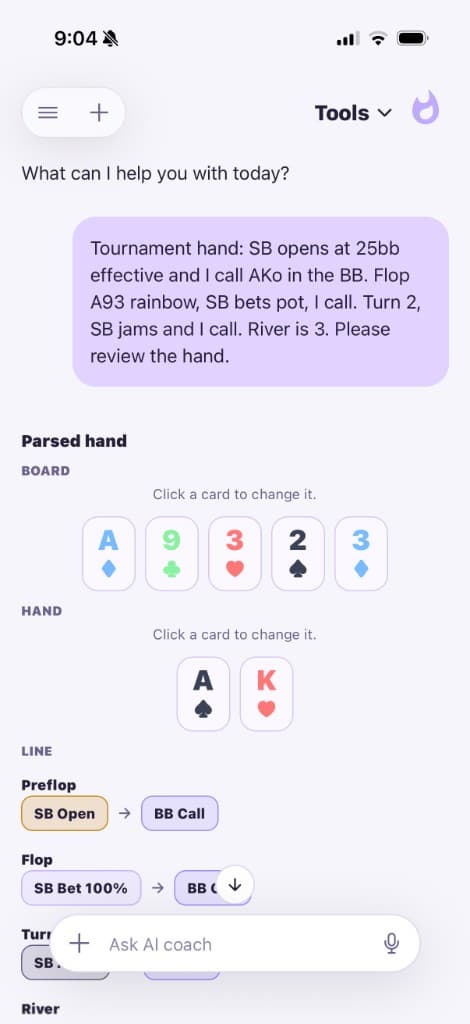 A tournament hand parsed into cards and actions by Pokerbase AI