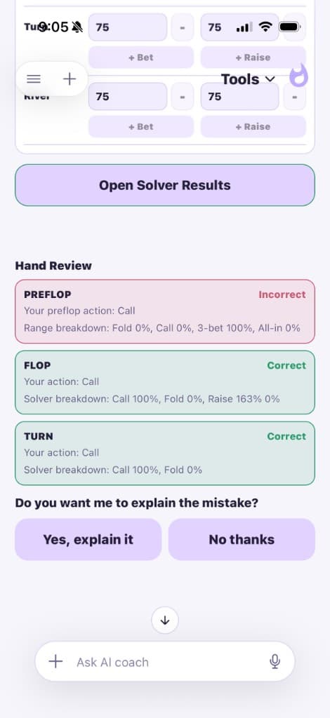 Hand review results showing correct and incorrect decisions by street
