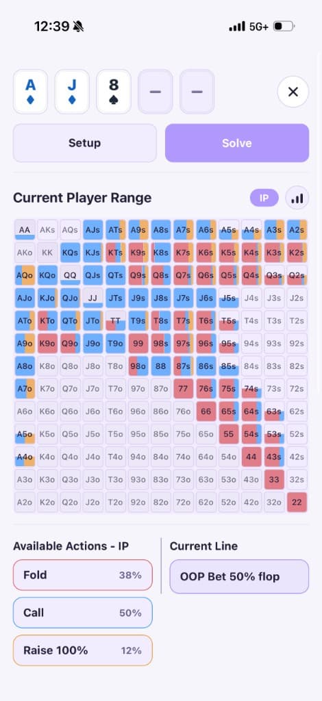 Pokerbase AI solver showing a postflop strategy range and available actions