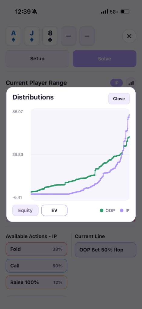 Pokerbase AI solver comparing in-position and out-of-position EV distributions