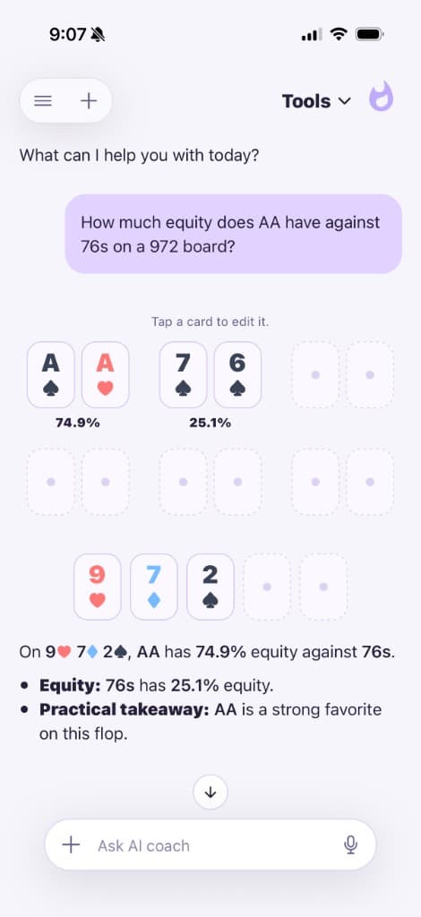 Pokerbase AI calculating pocket aces equity against seven-six suited